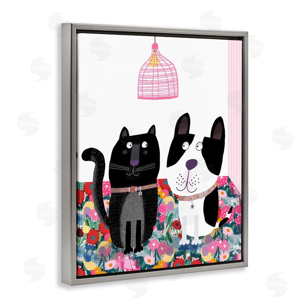 Carla Daly Cat & Dog with Eclectic Florals Gray Floating Frame Canvas Wall Art Print