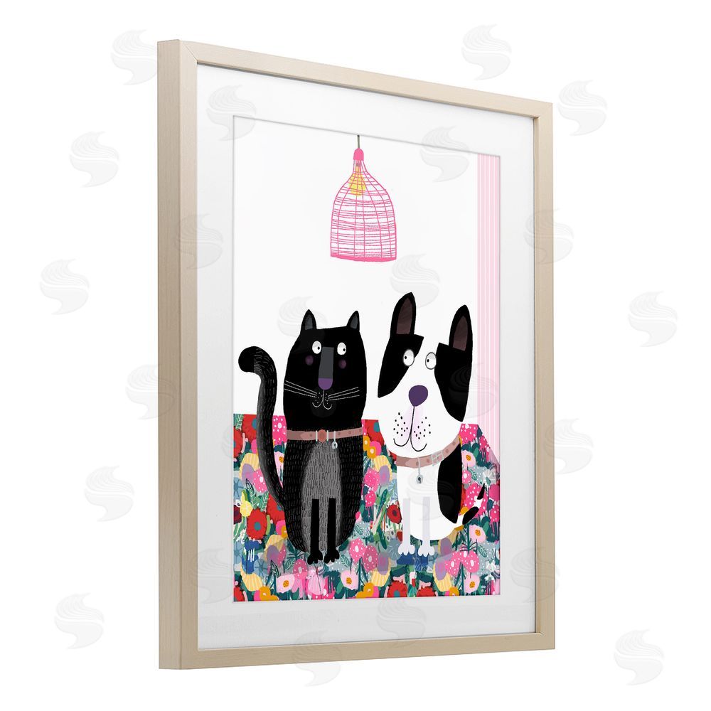 Carla Daly Cat & Dog with Eclectic Florals Brown Framed Print Under Glass Wall Art