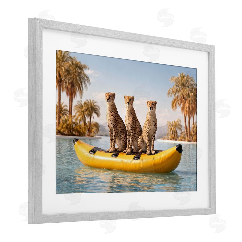 Ziwei Li Cheetah Trio on Float Gray Framed Print Under Glass Wall Art
