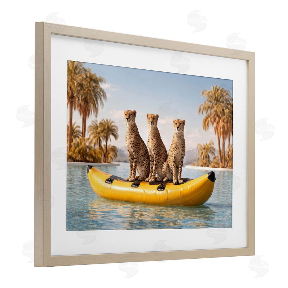 Ziwei Li Cheetah Trio on Float Brown Framed Print Under Glass Wall Art