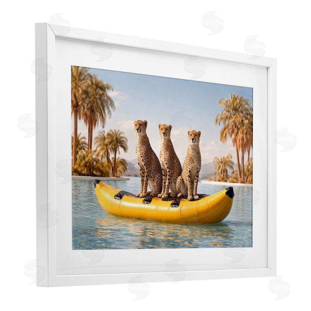 Ziwei Li Cheetah Trio on Float White Framed Print Under Glass Wall Art