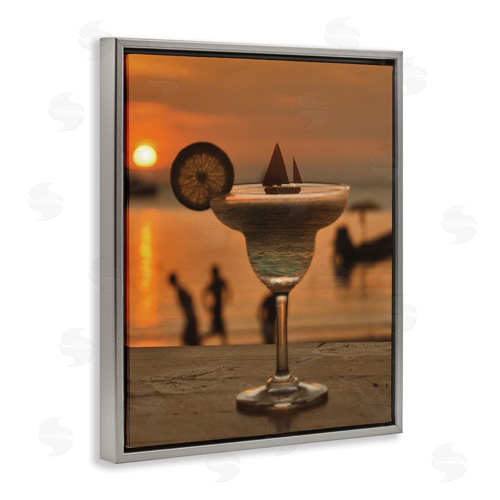 Lil' Rue Coastal Margarita Silhouette Gray Floating Frame Canvas Wall Art Print