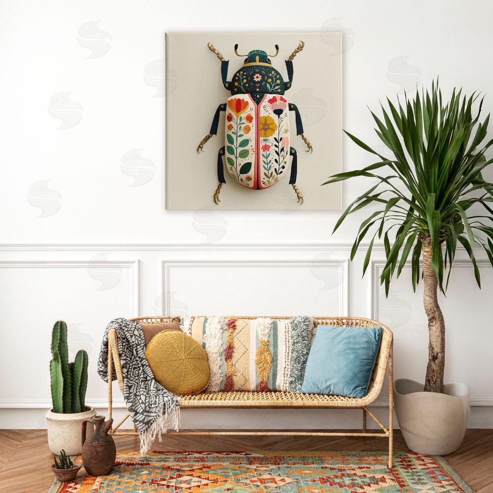 A Barefoot Stylist Boho Beetle with Florals Stretched Canvas Wall Art in Room