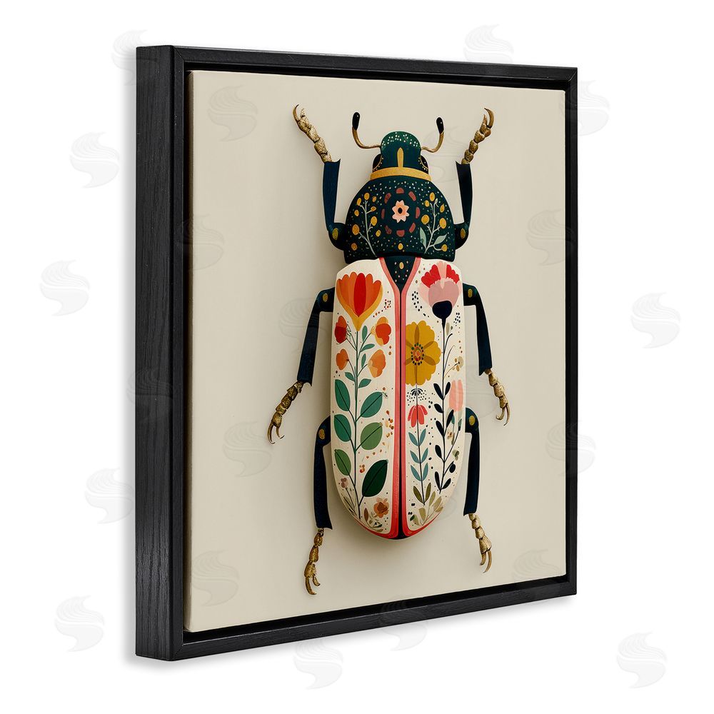 A Barefoot Stylist Boho Beetle with Florals Black Floating Frame Canvas Wall Art Print