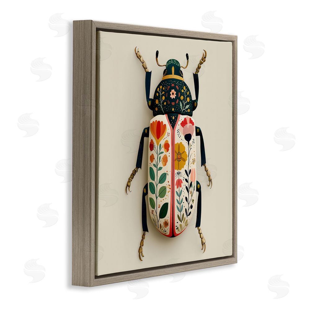 A Barefoot Stylist Boho Beetle with Florals Brown Floating Frame Canvas Wall Art Print