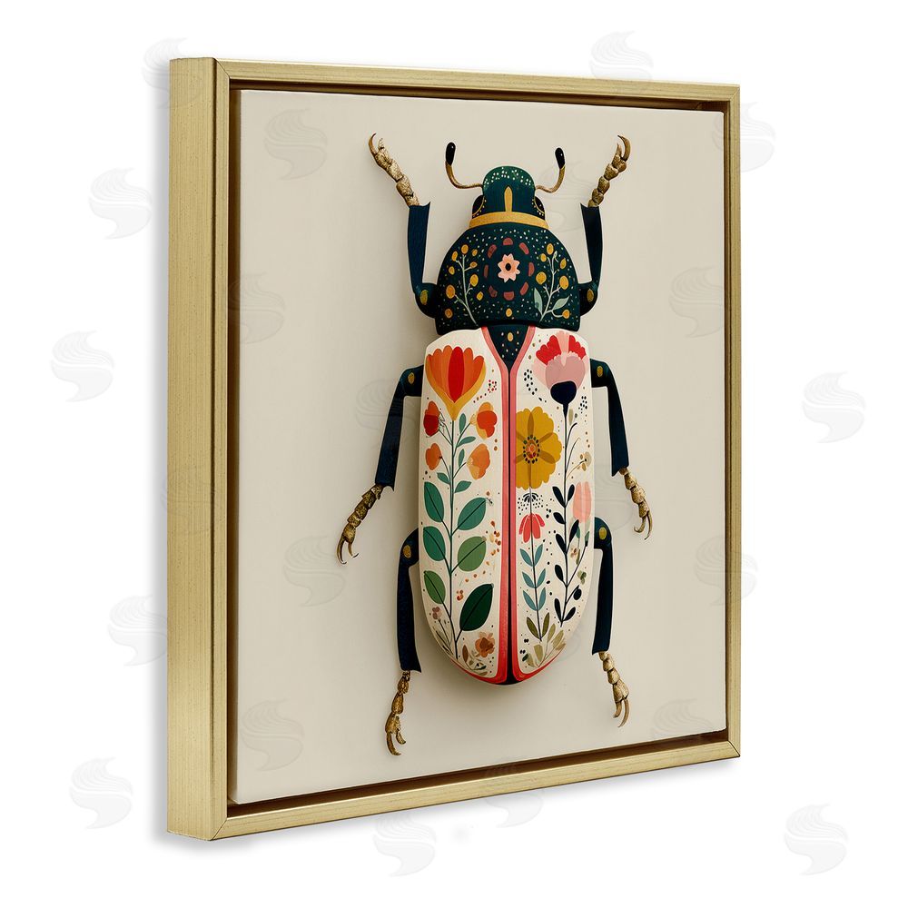 A Barefoot Stylist Boho Beetle with Florals Gold Floating Frame Canvas Wall Art Print