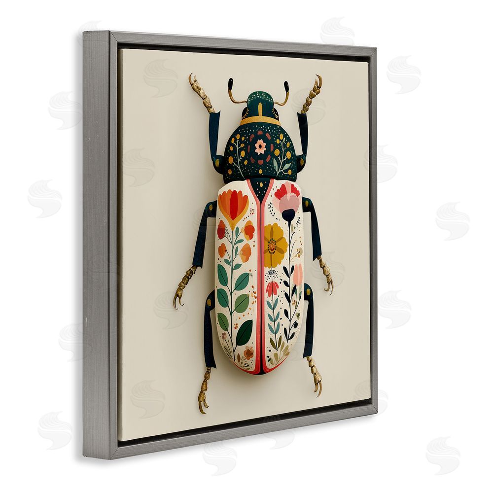 A Barefoot Stylist Boho Beetle with Florals Gray Floating Frame Canvas Wall Art Print