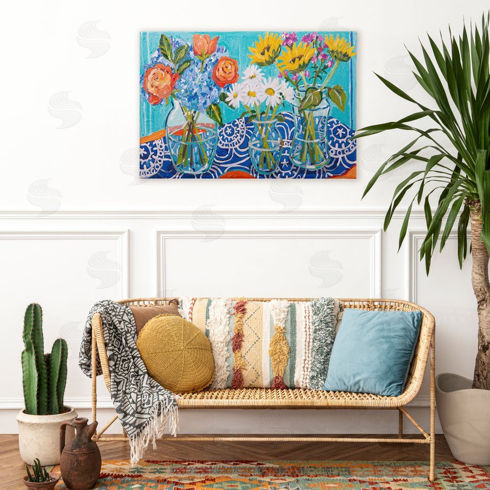 Mandy Buchanan Blooming Vases on Tablecloth Stretched Canvas Wall Art in Room