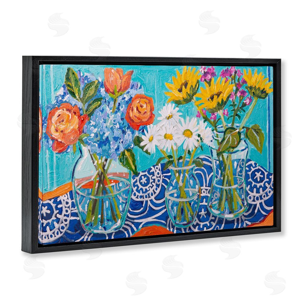 Mandy Buchanan Blooming Vases on Tablecloth Black Floating Frame Canvas Wall Art Print