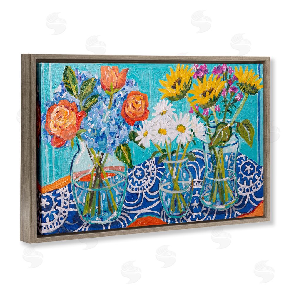 Mandy Buchanan Blooming Vases on Tablecloth Brown Floating Frame Canvas Wall Art Print