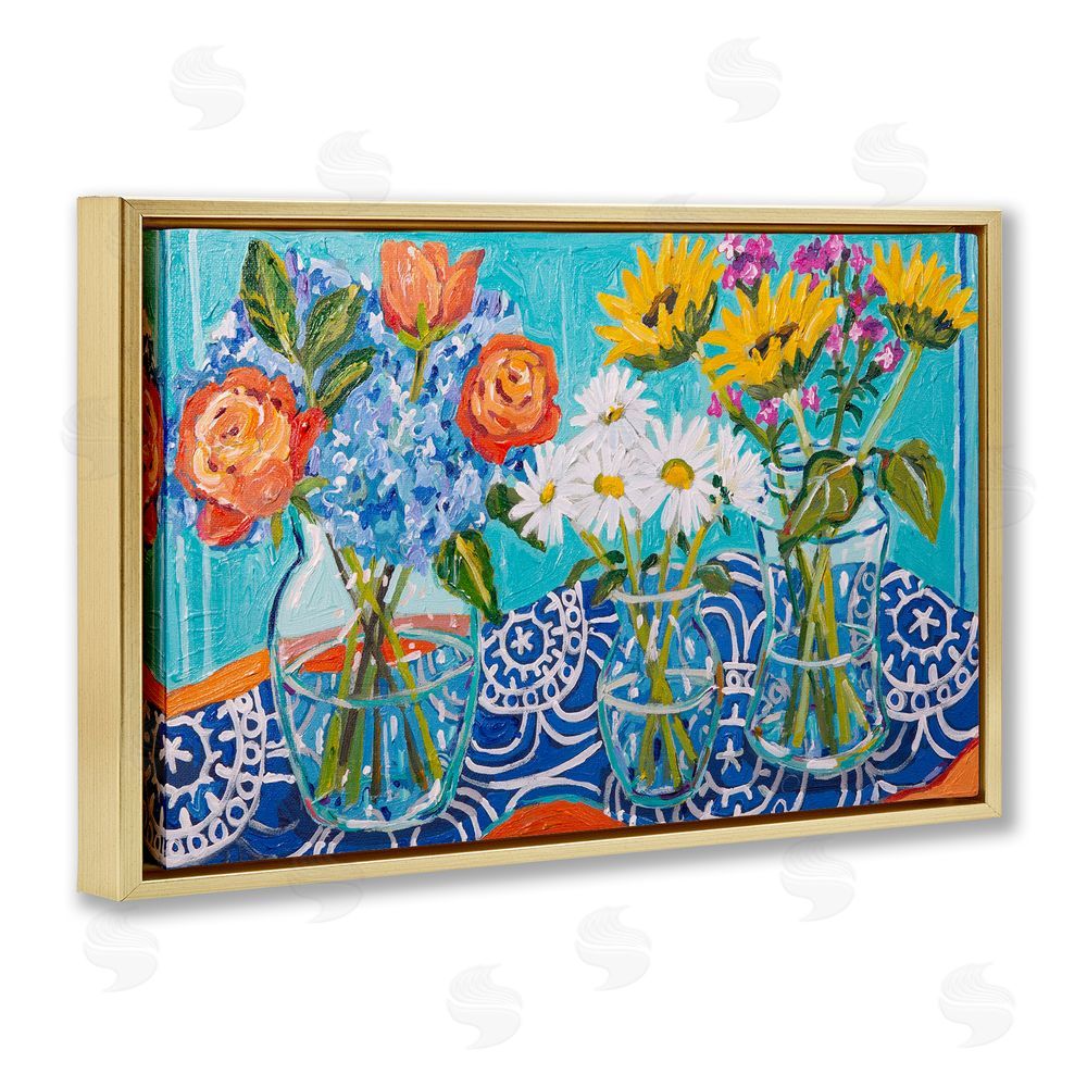 Mandy Buchanan Blooming Vases on Tablecloth Gold Floating Frame Canvas Wall Art Print