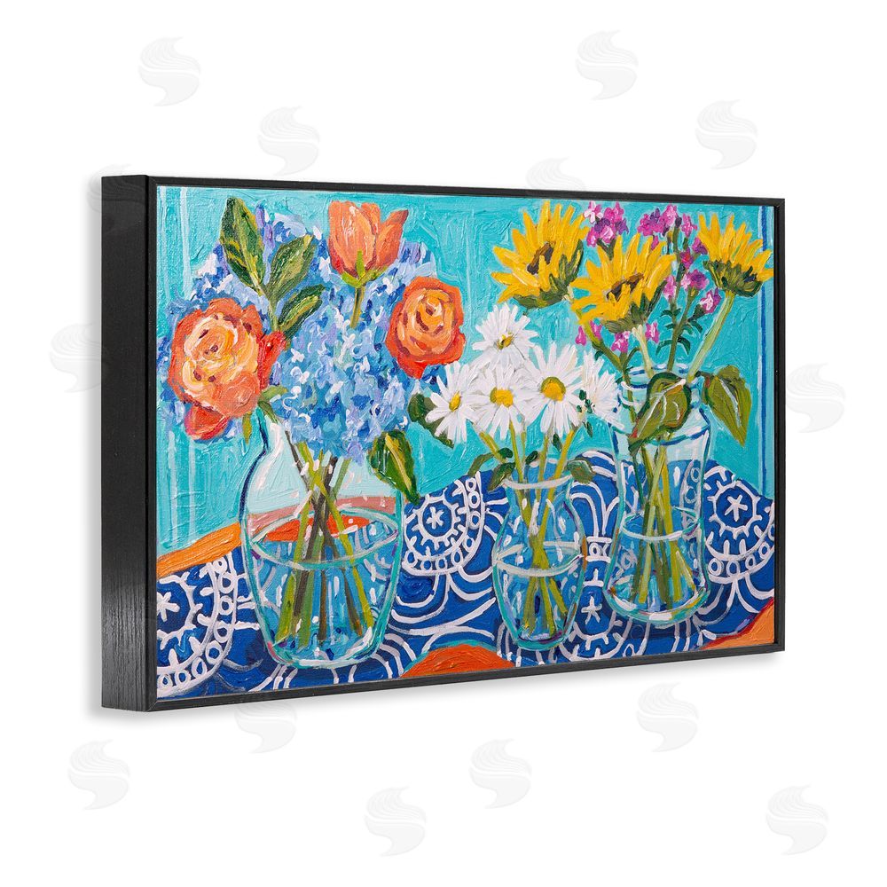 Mandy Buchanan Blooming Vases on Tablecloth Black Framed Giclee Wall Art Print