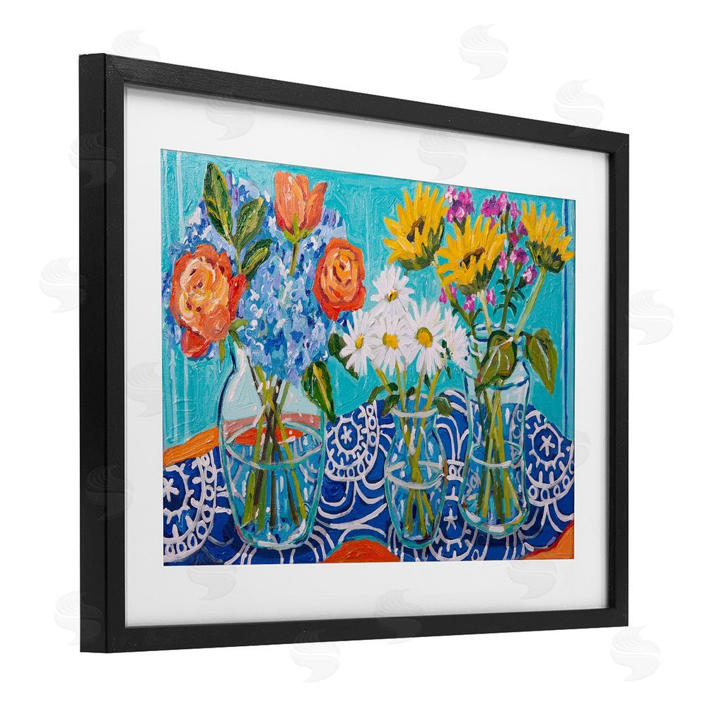Mandy Buchanan Blooming Vases on Tablecloth Black Framed Print Under Glass Wall Art