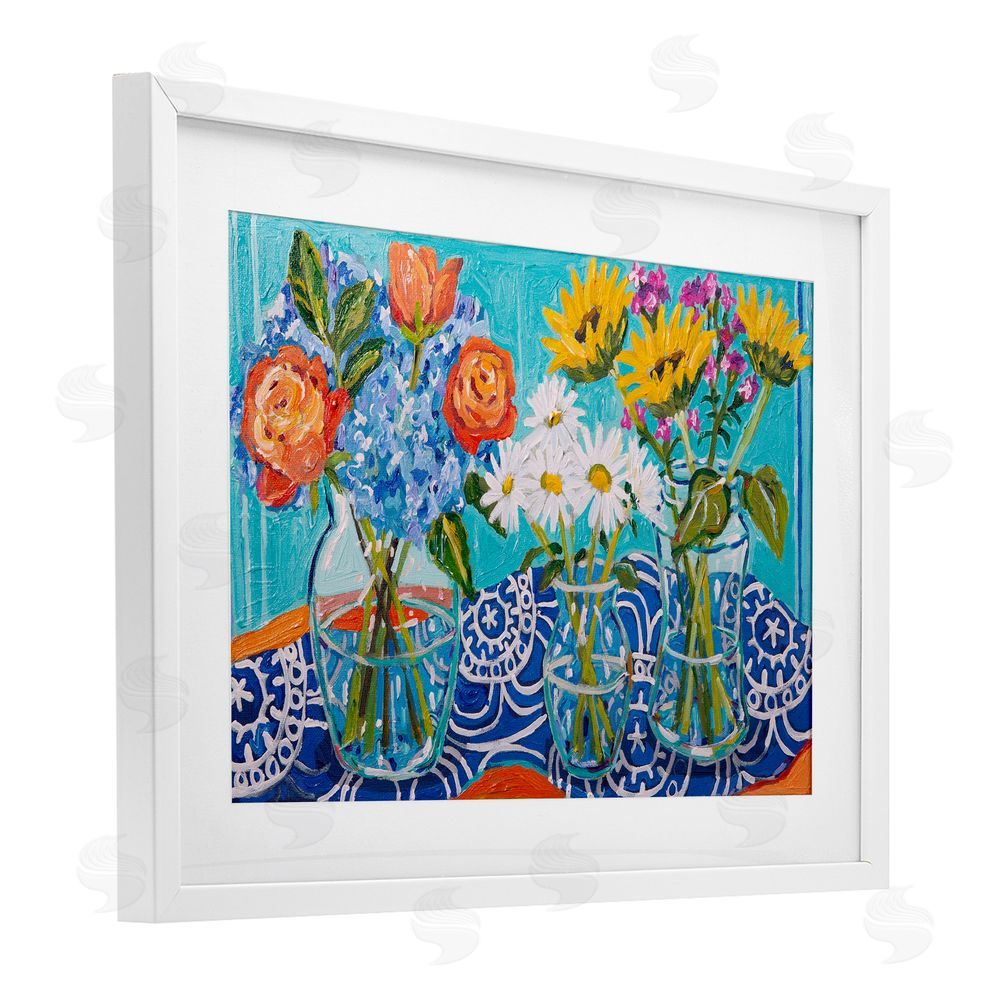 Mandy Buchanan Blooming Vases on Tablecloth White Framed Print Under Glass Wall Art