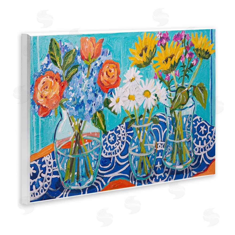 Mandy Buchanan Blooming Vases on Tablecloth Wooden Wall Plaque Art Print