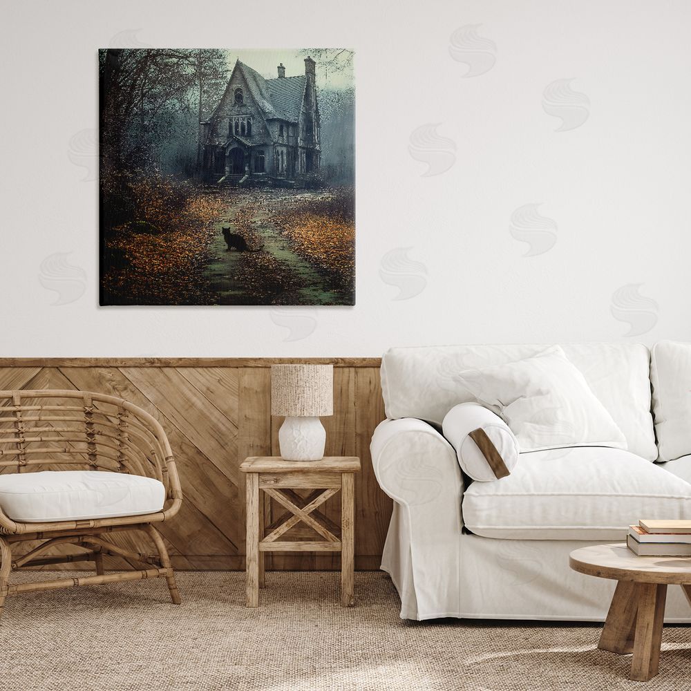 Jacky Ngan Cat at Eerie Haunted Mansion Stretched Canvas Wall Art in Room