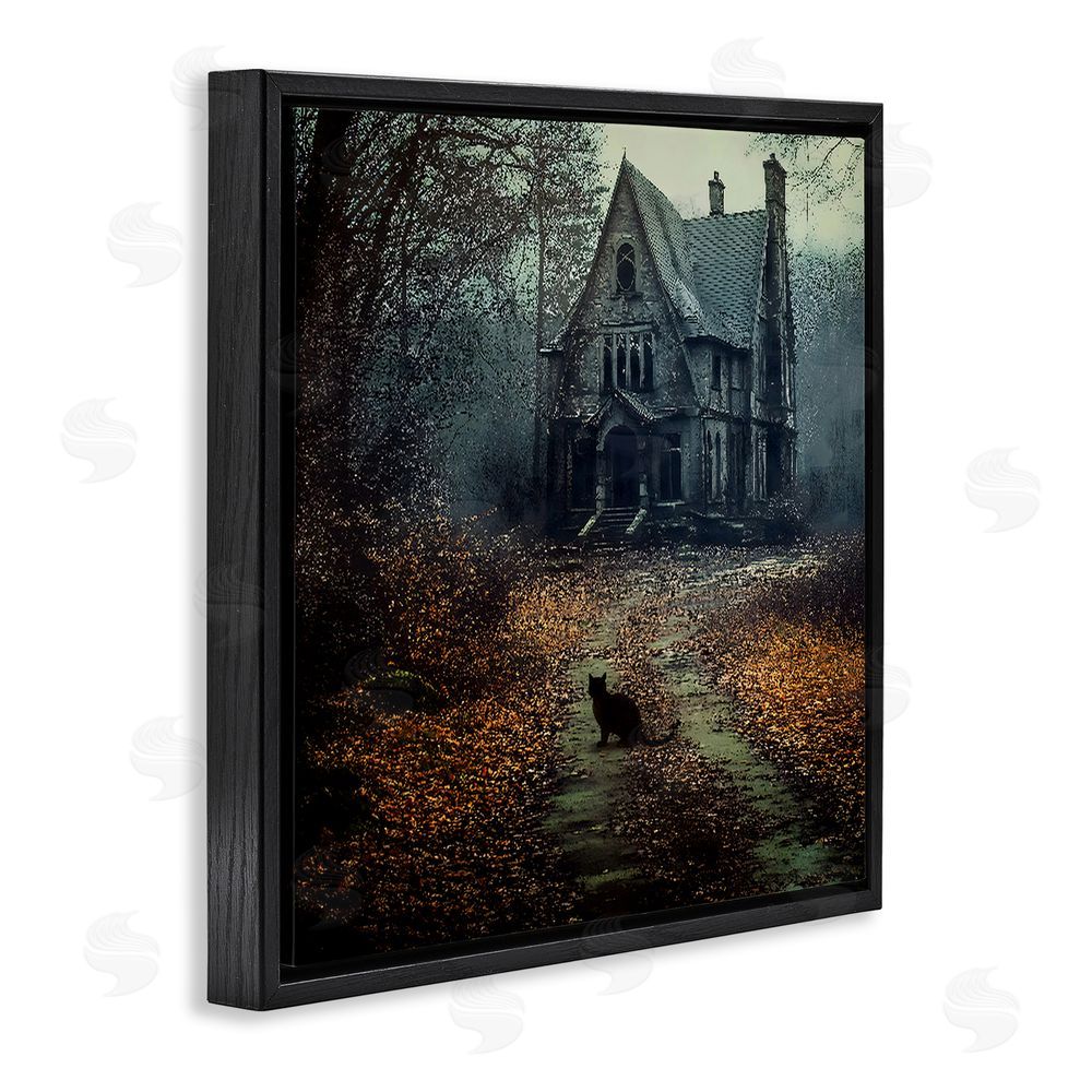 Jacky Ngan Cat at Eerie Haunted Mansion Black Floating Frame Canvas Wall Art Print