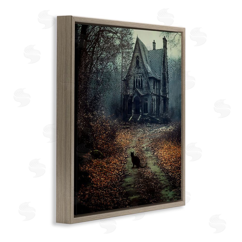Jacky Ngan Cat at Eerie Haunted Mansion Brown Floating Frame Canvas Wall Art Print