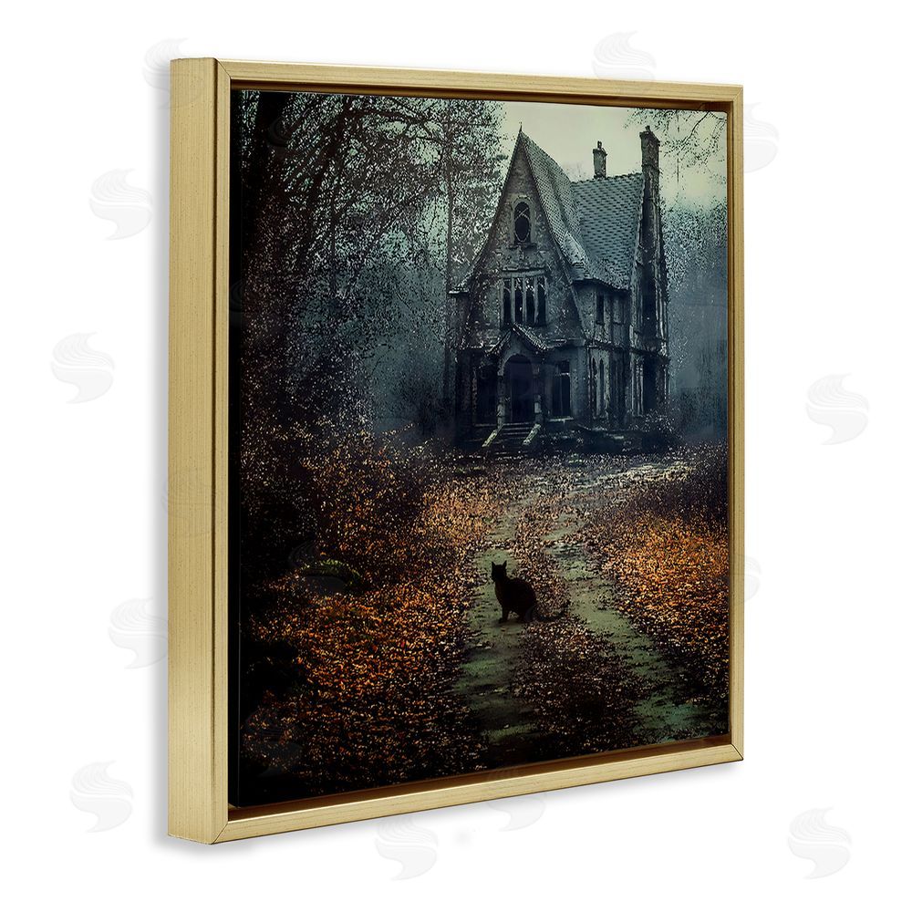 Jacky Ngan Cat at Eerie Haunted Mansion Gold Floating Frame Canvas Wall Art Print