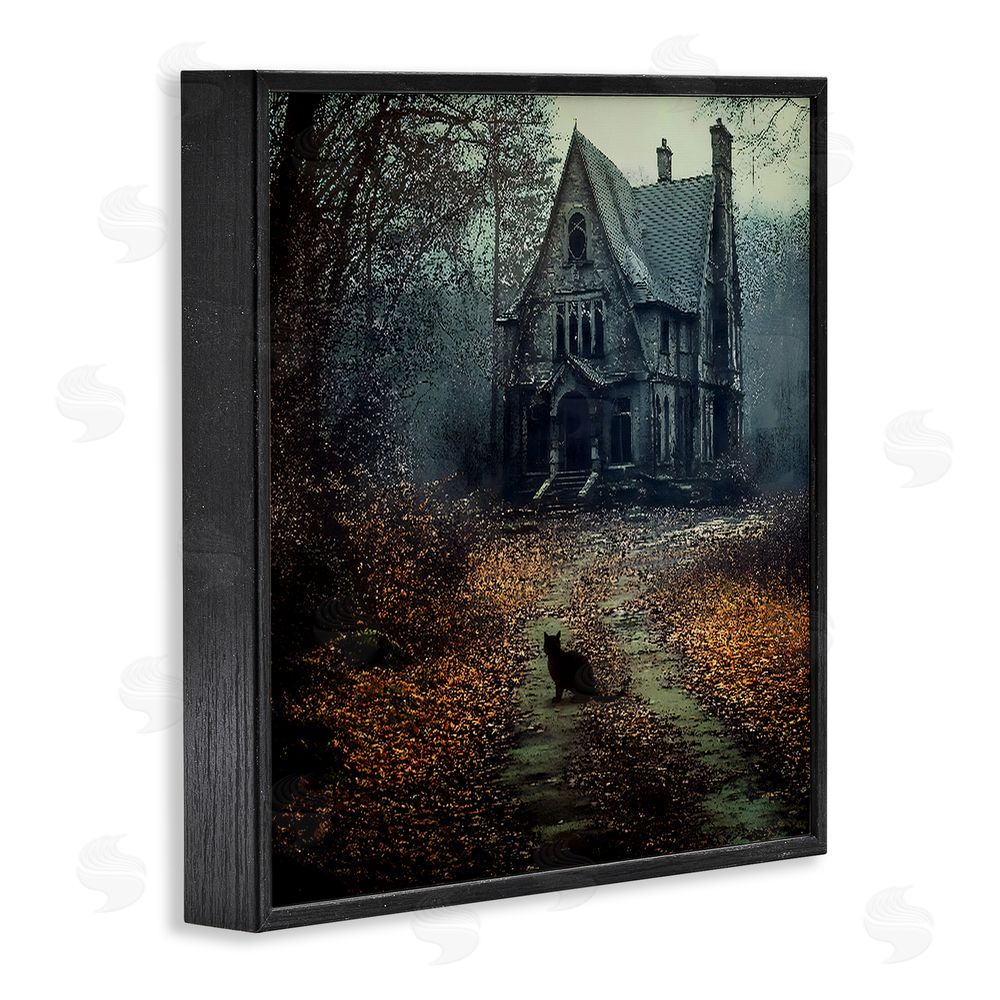 Jacky Ngan Cat at Eerie Haunted Mansion Black Framed Giclee Wall Art Print