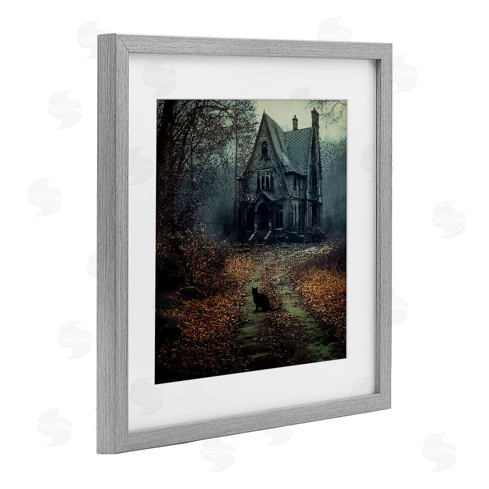 Jacky Ngan Cat at Eerie Haunted Mansion Gray Framed Print Under Glass Wall Art