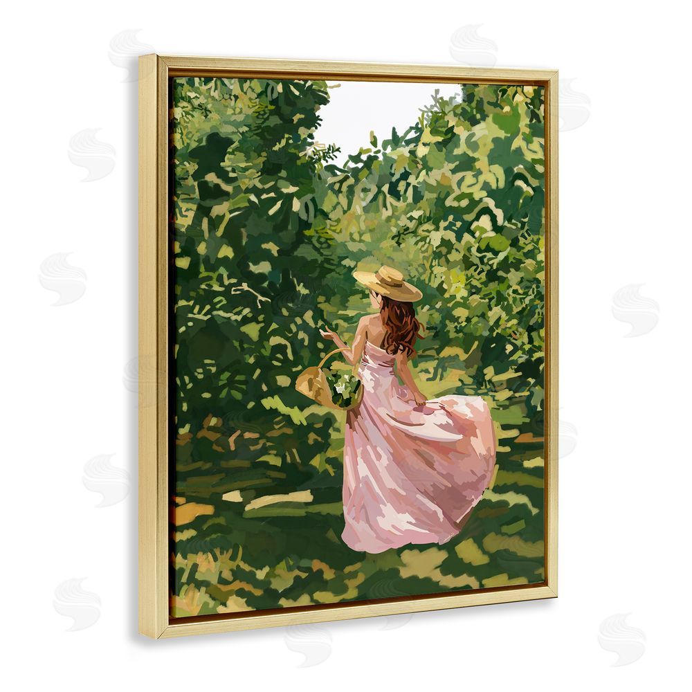 Amelia Noyes Brunette Flower Picking in Field Gold Floating Frame Canvas Wall Art Print
