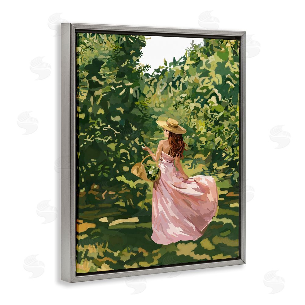 Amelia Noyes Brunette Flower Picking in Field Gray Floating Frame Canvas Wall Art Print