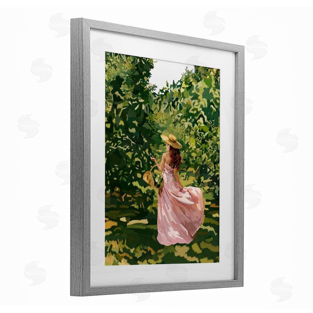 Amelia Noyes Brunette Flower Picking in Field Gray Framed Print Under Glass Wall Art