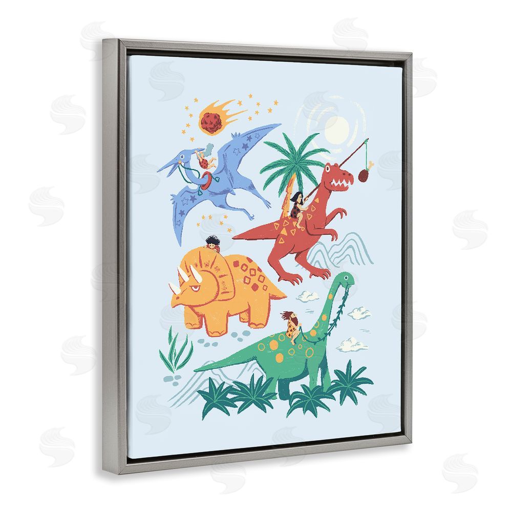 Ethel Fong Cavemen Riding The Dinosaurs Gray Floating Frame Canvas Wall Art Print