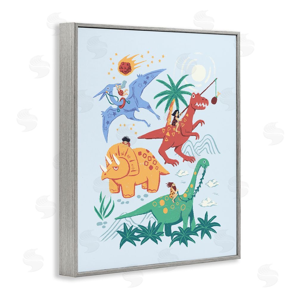 Ethel Fong Cavemen Riding The Dinosaurs Gray Framed Giclee Wall Art Print