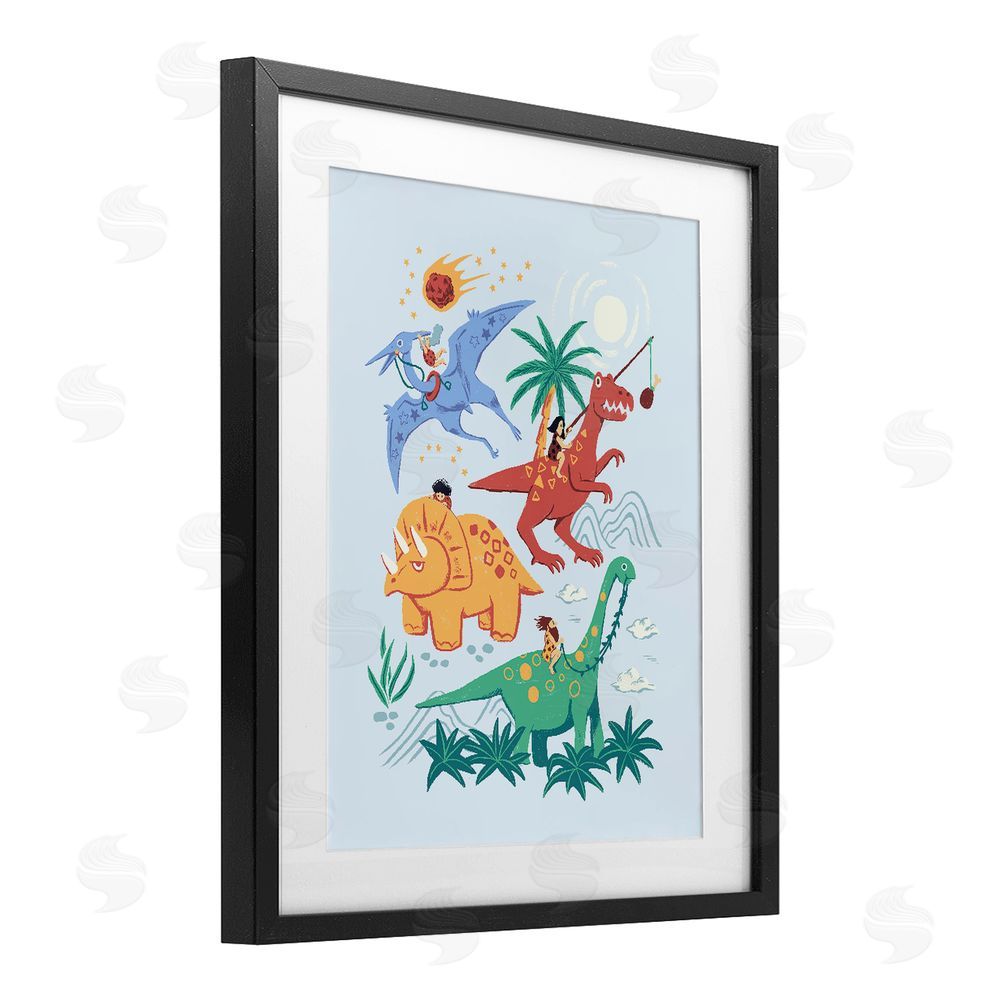 Ethel Fong Cavemen Riding The Dinosaurs Black Framed Print Under Glass Wall Art
