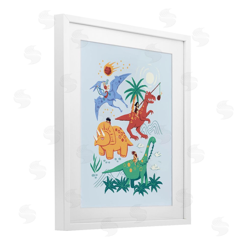 Ethel Fong Cavemen Riding The Dinosaurs White Framed Print Under Glass Wall Art