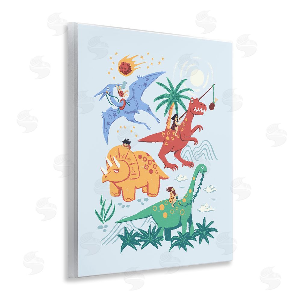 Ethel Fong Cavemen Riding The Dinosaurs Wooden Wall Plaque Art Print