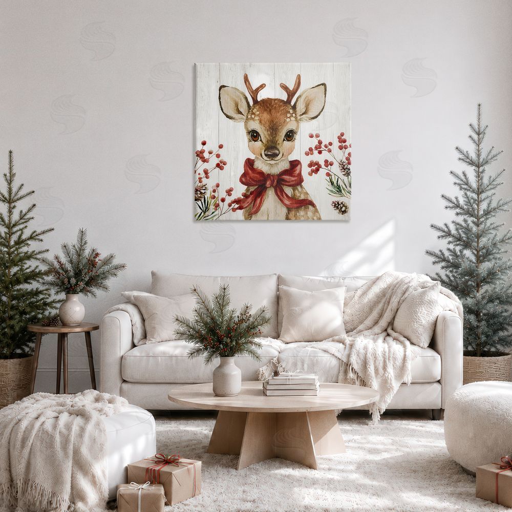 Jacky Ngan Blushing Winter Fawn with Berries Stretched Canvas Wall Art in Room