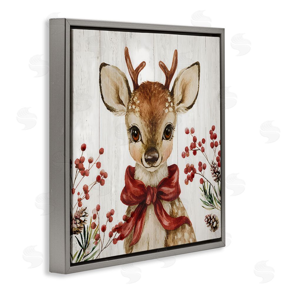 Jacky Ngan Blushing Winter Fawn with Berries Gray Floating Frame Canvas Wall Art Print