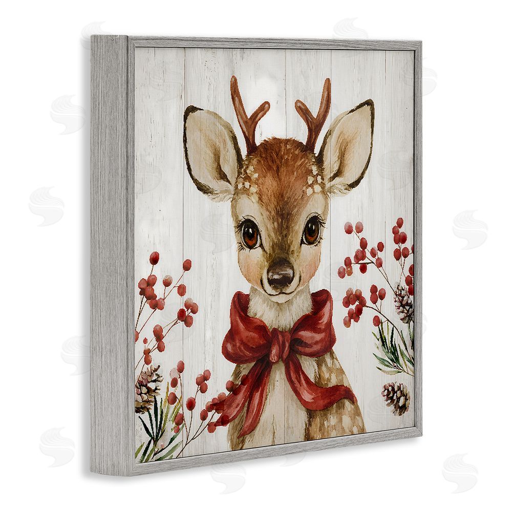 Jacky Ngan Blushing Winter Fawn with Berries Gray Framed Giclee Wall Art Print