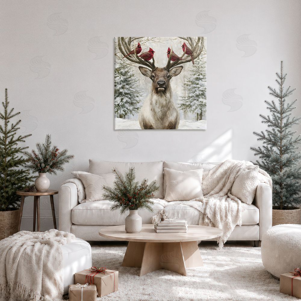 Jacky Ngan Cardinals on Reindeer Antlers Stretched Canvas Wall Art in Room