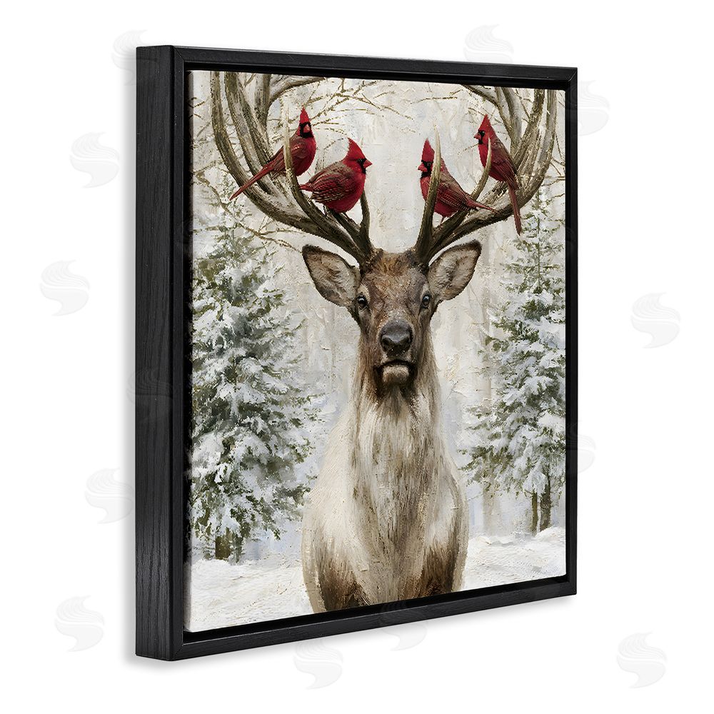 Jacky Ngan Cardinals on Reindeer Antlers Black Floating Frame Canvas Wall Art Print