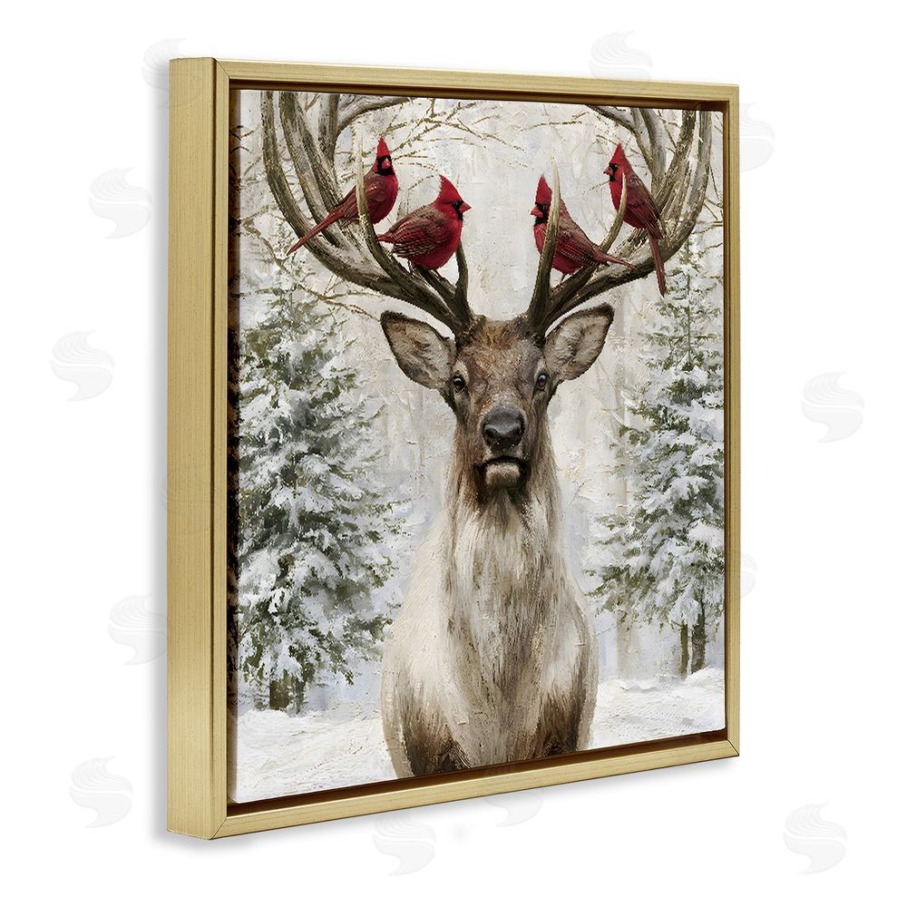 Jacky Ngan Cardinals on Reindeer Antlers Gold Floating Frame Canvas Wall Art Print
