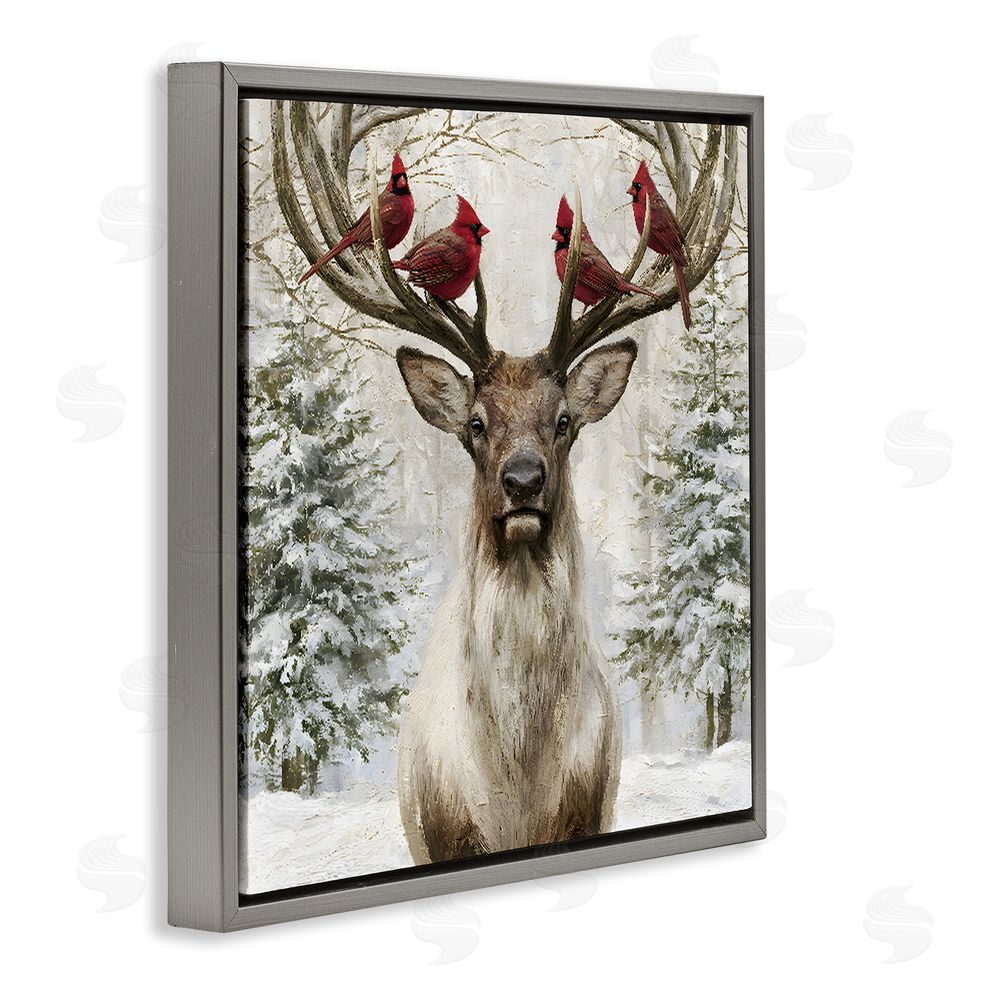 Jacky Ngan Cardinals on Reindeer Antlers Gray Floating Frame Canvas Wall Art Print