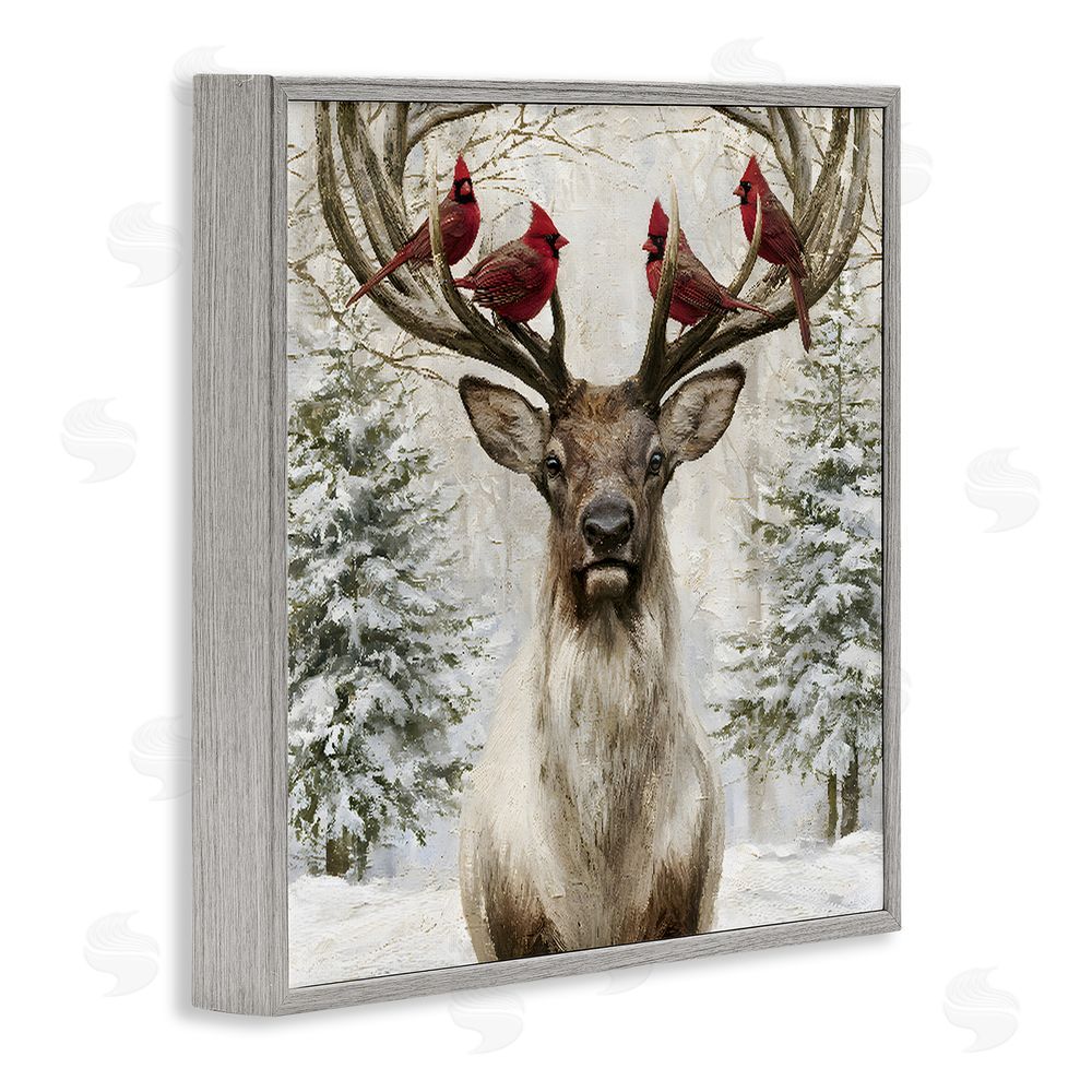 Jacky Ngan Cardinals on Reindeer Antlers Gray Framed Giclee Wall Art Print