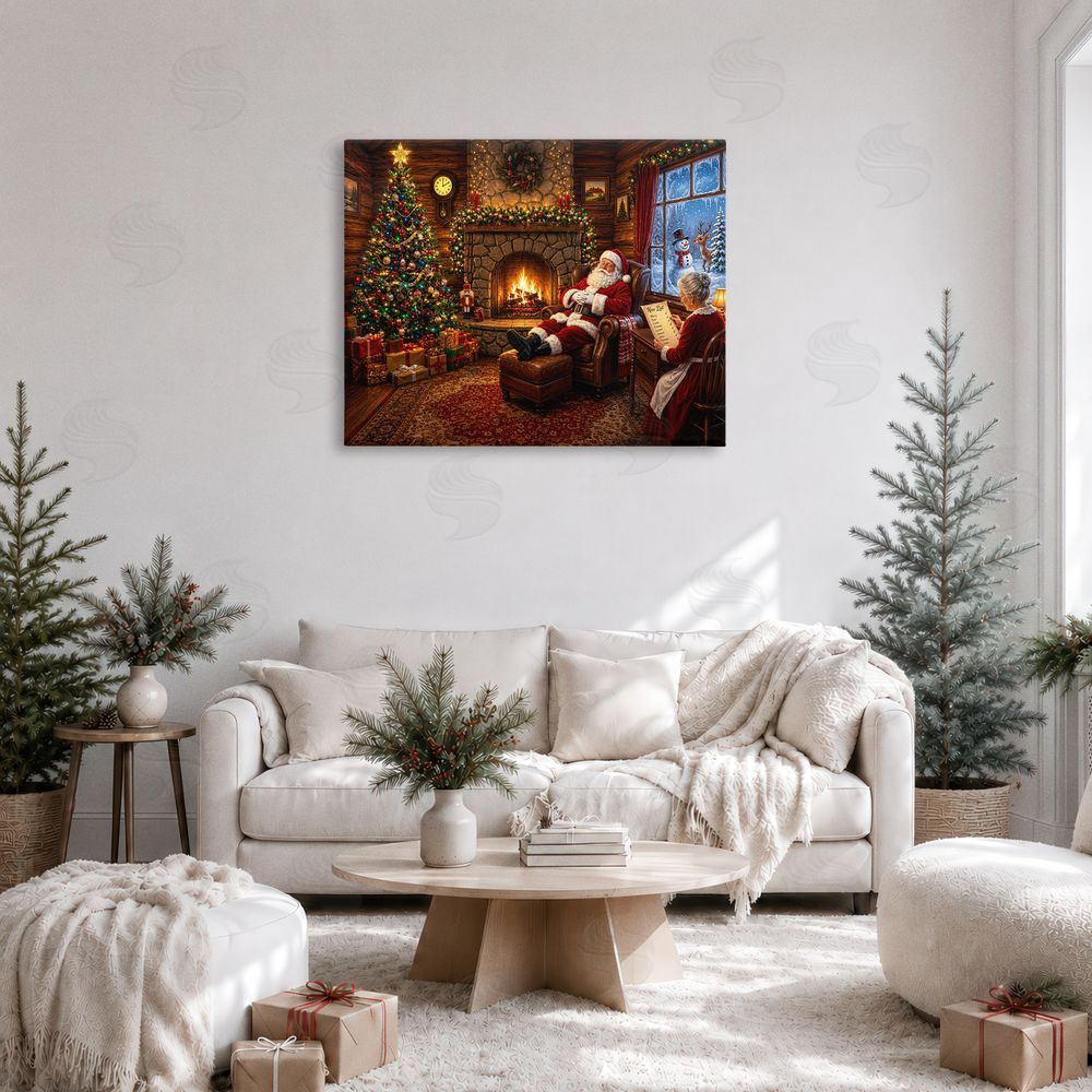 Tom Crehan Claus Couple by Fireplace Stretched Canvas Wall Art in Room