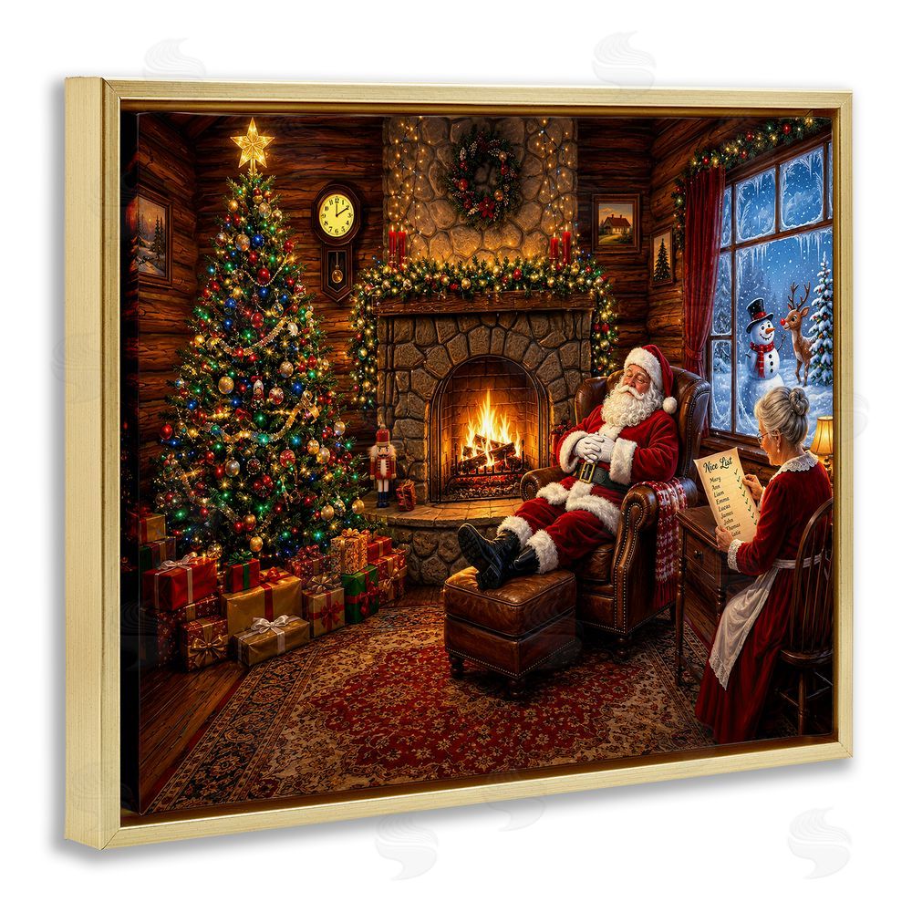 Tom Crehan Claus Couple by Fireplace Gold Floating Frame Canvas Wall Art Print