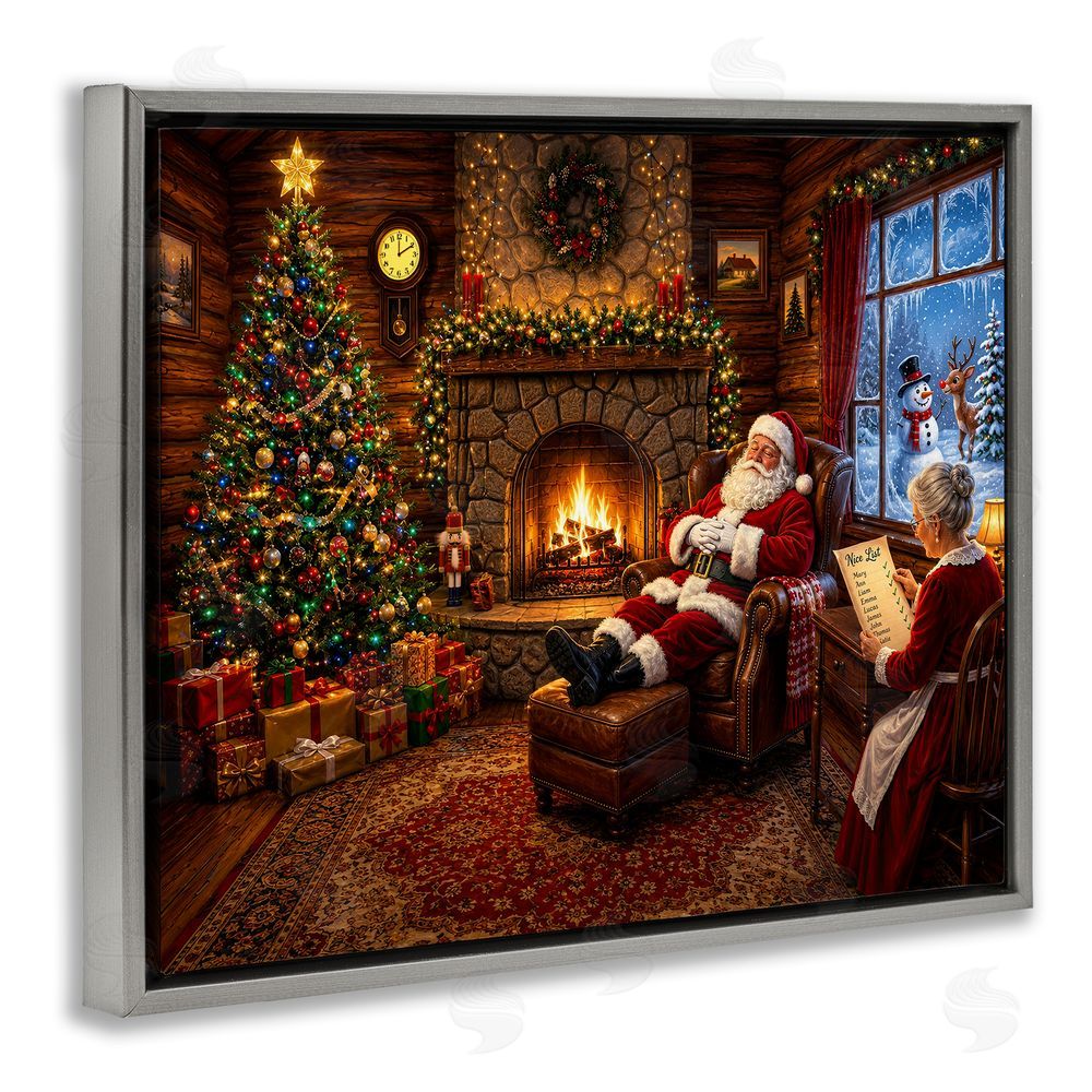 Tom Crehan Claus Couple by Fireplace Gray Floating Frame Canvas Wall Art Print
