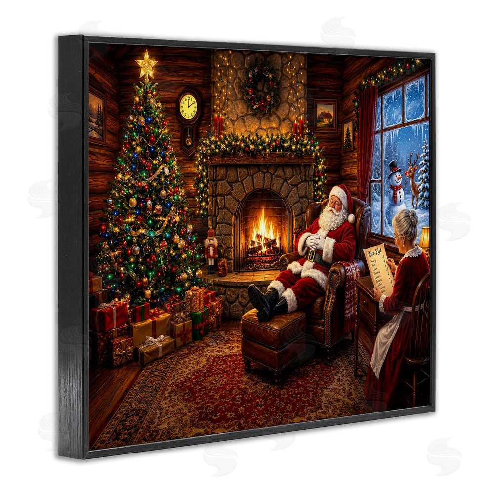 Tom Crehan Claus Couple by Fireplace Black Framed Giclee Wall Art Print