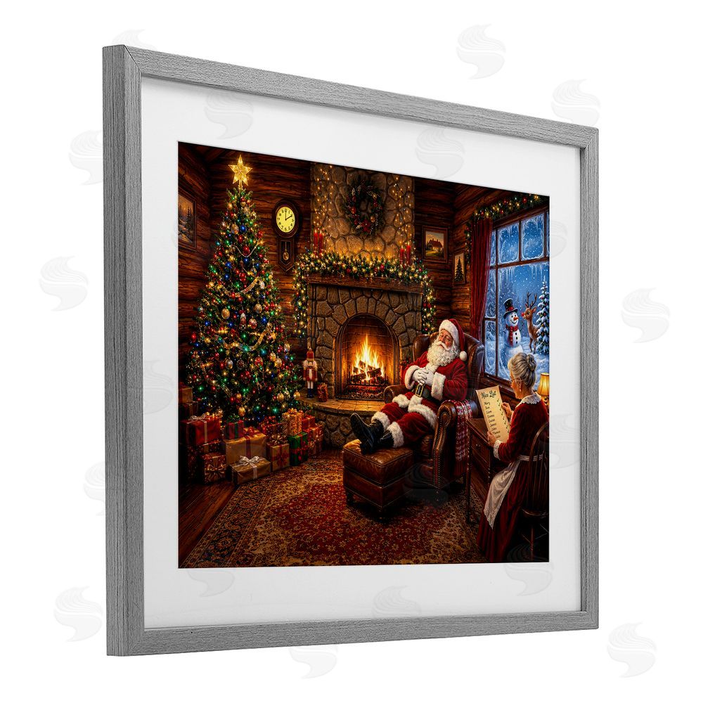 Tom Crehan Claus Couple by Fireplace Gray Framed Print Under Glass Wall Art