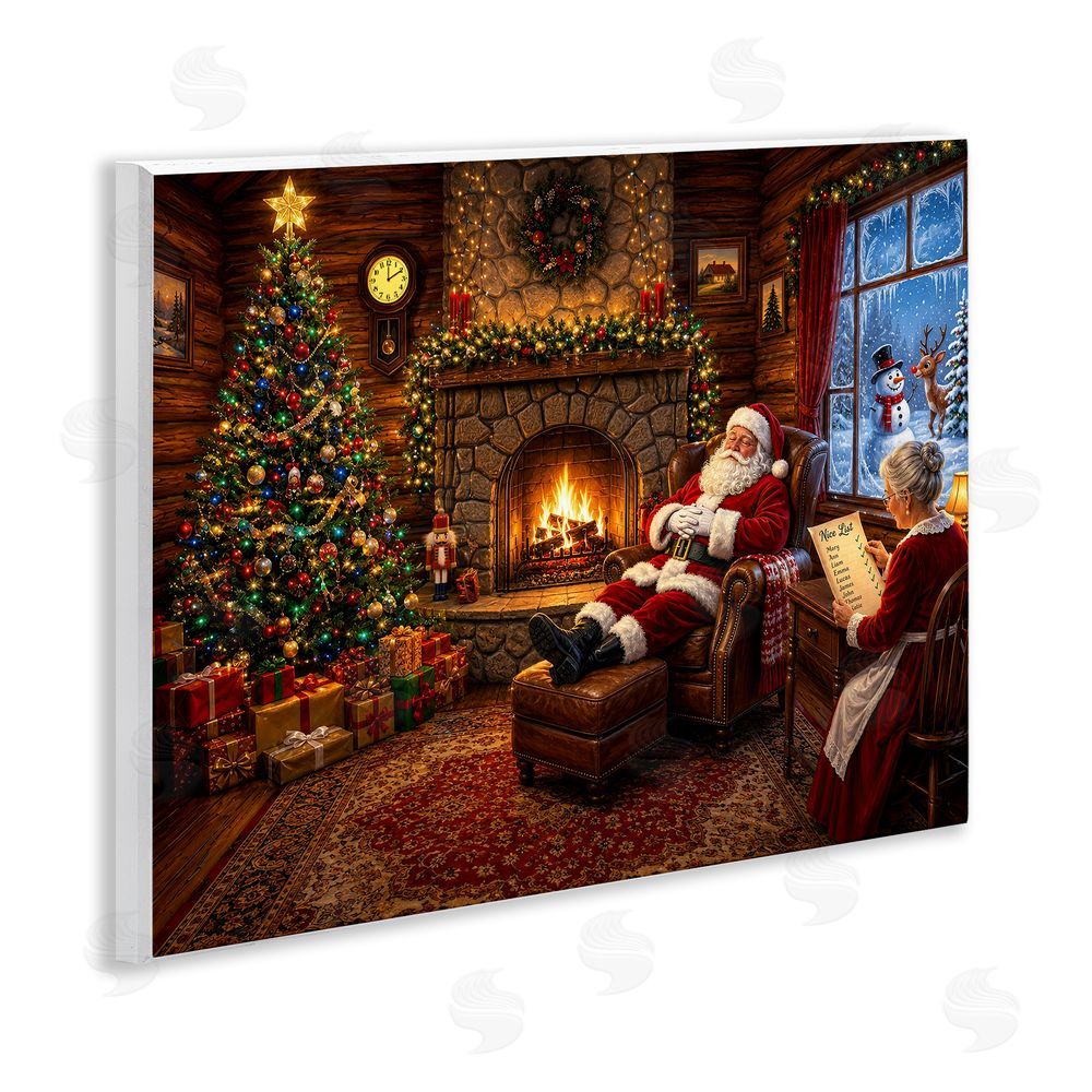 Tom Crehan Claus Couple by Fireplace Wooden Wall Plaque Art Print