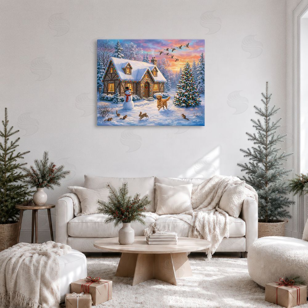 Imagine It Images Animals & Winter Stone Cottage Stretched Canvas Wall Art in Room