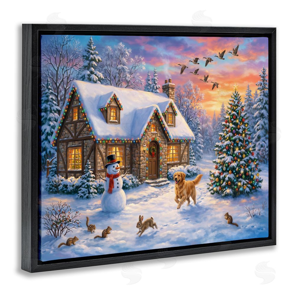 Imagine It Images Animals & Winter Stone Cottage Black Floating Frame Canvas Wall Art Print