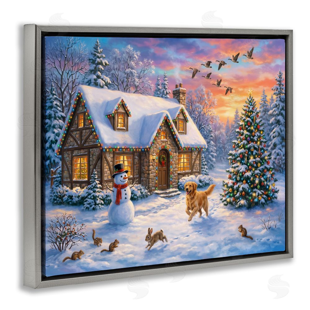 Imagine It Images Animals & Winter Stone Cottage Gray Floating Frame Canvas Wall Art Print